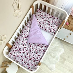 Set lenjerie pat bebe 3 piese cu flori mov